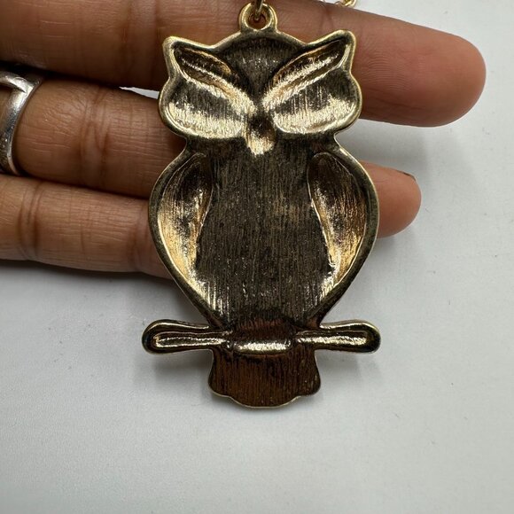 3/$30 Owl Pendant Necklace Gold Tone Multicolored Enamel Geometric Long Chain - Picture 4 of 12